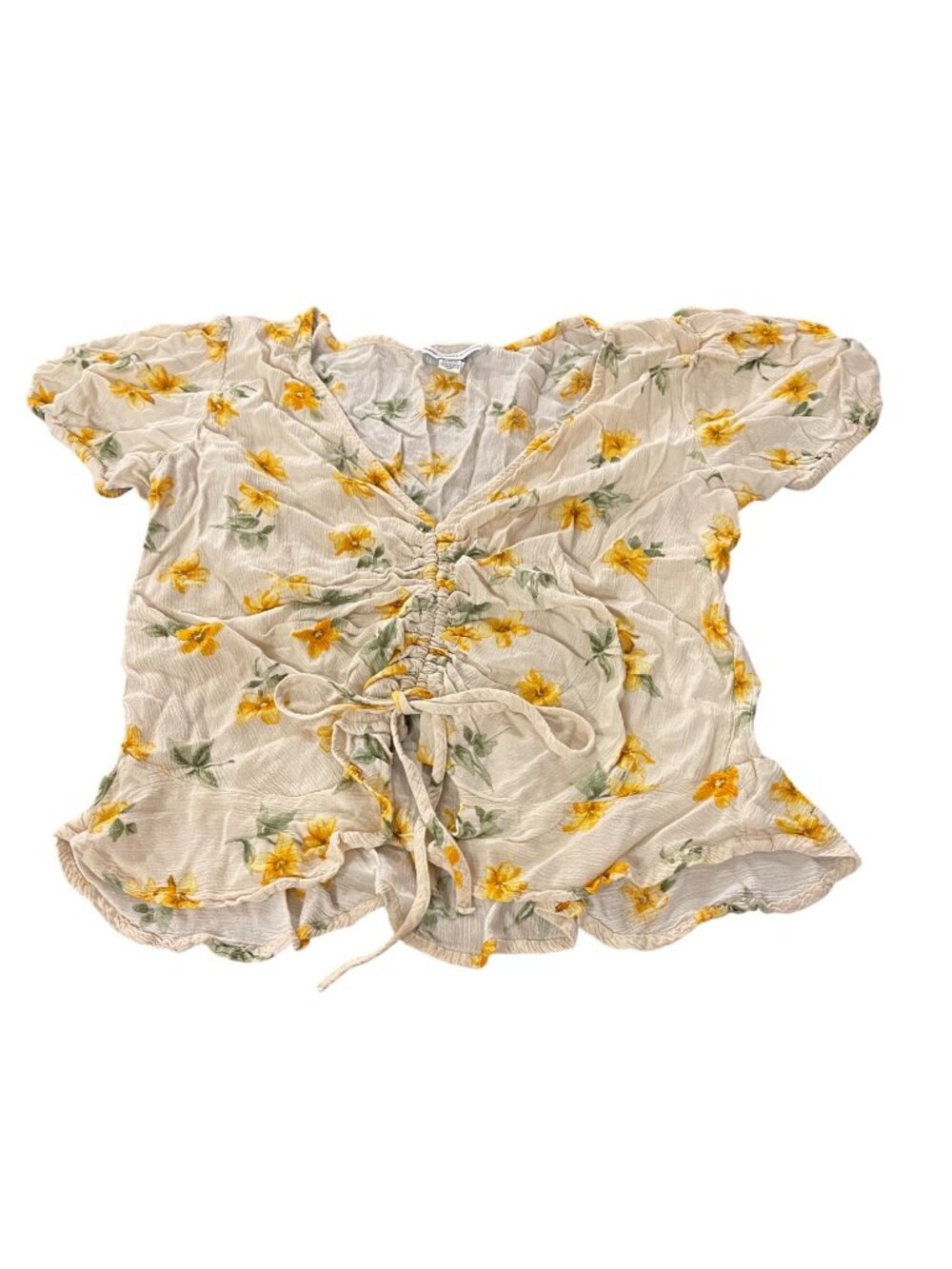 American Eagle Outfitters Womens Floral Ruched Tie-Front Top M Yellow & Green 10